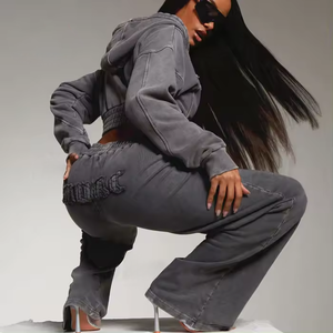 dark <b>grey</b> Distressed Acid Wash Cropped Hoodies <b>Women</b> Washed Boxy Hoodie and Joggers <b>Tracksuits</b> <b>Womens</b> - Product Image 2