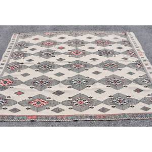 พรมสไตล์ตุรกีโบราณชาติพันธุ์5.5x7.8ฟุตผ้าขนสัตว์สีขาวคลาสสิกลายสี่เหลี่ยมปะต่อ3D ห้องอาหารน้ำยาง - Product Image 4