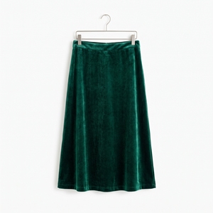 <b>Green</b> <b>Velvet</b> Midi <b>Skirt</b> High Waist A-Line Flare Woven Solid Color Women's <b>Skirt</b> for Casual Vintage Wear - Product Image 3