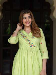 Vestido MIDI bordado floral de algodón ligero y exigente con mangas largas y estilo acampanado para uso diario y nocturno - Product Image 2