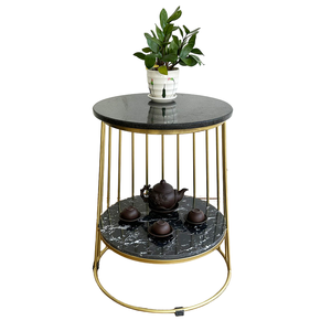 Contemporary Two-tiered <b>Side</b> <b>Table</b> with Stone Top and <b>Gold</b>-colored Iron Frame (SST027) - Product Image 1