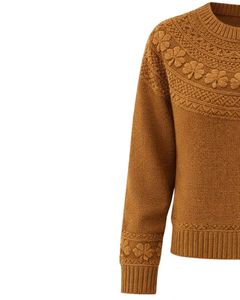 Customized Camel Brown Jacquard Knit Sweater Floral Textured Crew Neck <b>Long</b> Sleeve Winter Pullover <b>For</b> <b>Women</b> Custom Wholesale - Product Image 2
