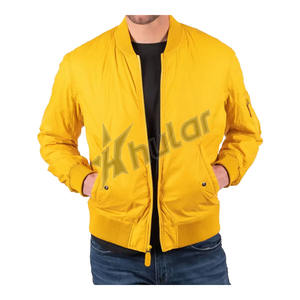 Chaqueta de bombardero de satén amarillo personalizada de alta calidad estilo de ocio cremallera impresa de talla grande Anti-Pilling para hombres chaqueta de bombardero Varsity - Product Image 1