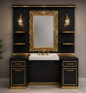 Estación de Trabajo de Barbería Moderna de Alta Gama con Espejo Doble, Marco Dorado, Lavabo y Almacenamiento |   Muebles de Salón para Barberías Decorsall - Product Image 1
