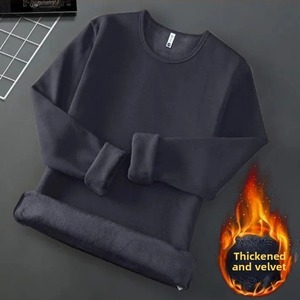 T-shirt à manches longues pour homme, doublé en polaire, sous-vêtement thermique, col rond, décontracté, chemise de base, 100% coton, vêtements d'automne et d'hiver - Product Image 2
