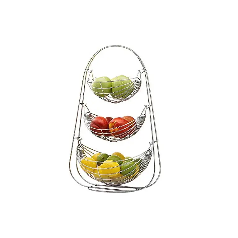 Cesta de frutas de metal elegante, cesta 3 tier para tablet de alta qualidade com fio pendurado, tigelas de frutas com prata banhada para casa a preço baixo