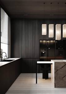 Modern Marble MDF Modular Kitchen Island Cabinet Set Glass Doors Black Wood Grain Rectangular Contemporary Minimalist Design - Product Image 4