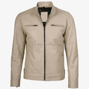 Chaqueta de Motociclista de Cuero Auténtico Beige para Hombre, Estilo Urbano, Cuello Alto, Cierres Frontales, Cintura Ajustable, Transpirable, para Invierno - Product Image 2