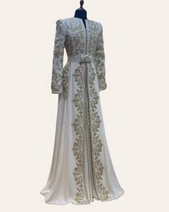 Elegante Caftán Marroquí de Seda Satinada con Cuentas, Largo hasta el Suelo, Color Blanco, Takchita, Vestido de Fiesta para Mujer, Estampado Floral Natural, Transpirable - Product Image 2