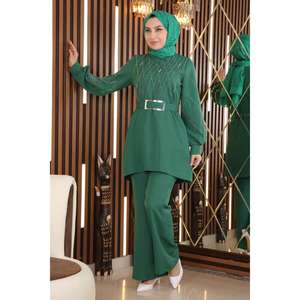 Conjunto Casual de 2 Piezas con Detalles de Perlas, Cuello Redondo, Manga Larga, 100% Algodón, Top Largo Midi - Product Image 4