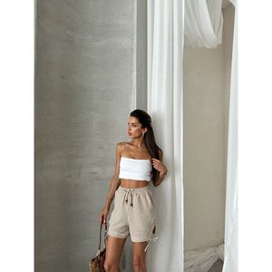 Topshow Stone Side-Laced Gingham Wholesale Shorts - STONE - Product Image 3