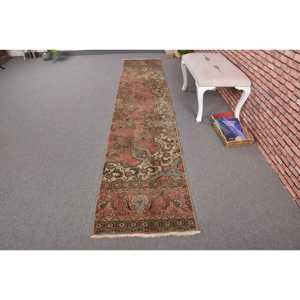 Vintage <b>Runner</b> Rug 2.1x11.6 ft, <b>Red</b> Brown Abstract Rug Wool - Product Image 1