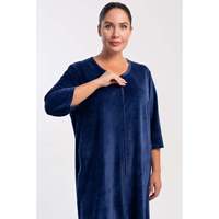Robe d'intérieur pour femme en coton velours XXL 3/4 avec poches et fermeture éclair - Bleu marine - Bleu marine