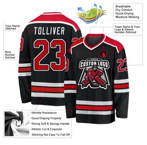 Maillot de hockey sur glace personnalisé pour homme, noir, rouge, blanc, sublimé, col en V, manches longues, respirant, en maille, taille adulte - Product Image 4