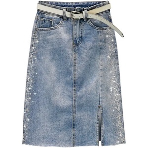 European Station Hot Drill Split <b>Skirt</b> Women 2025 Spring and Summer New High-waisted Slimming Medium Long Bag Hip Denim <b>Skirt</b> - Product Image 1