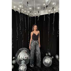 Black <b>Silver</b> <b>Sequin</b> <b>Trousers</b> with Elastic Waist - Black <b>Silver</b> - Product Image 2