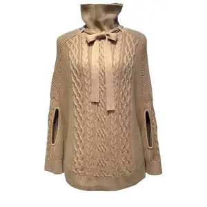 Elegante Mulheres Personalizado Cabo Corda Chunky Malha Alta Dobrado Pescoço Manga Longa Fita Bow Tie Cape e Poncho