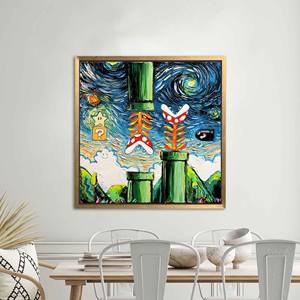 Impression sur toile Starry Night Van Gogh Style Mario - Art mural pour salle de jeux, encadré en or - Product Image 1