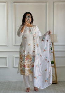 Diseños indios tradicionales modernos Ropa de boda y fiesta Conjunto Kurta Ropa india y pakistaní de seda romana blanca - Product Image 4