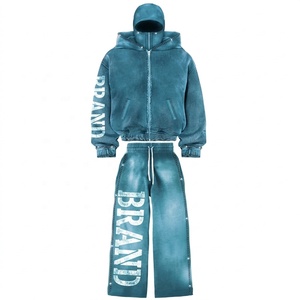 Ensemble de survêtement unisexe personnalisé pour l'hiver, en coton épais, orné de strass, comprenant une balaclava, un pantalon large et un sweat à capuche ample à fermeture éclair intégrale - Product Image 1