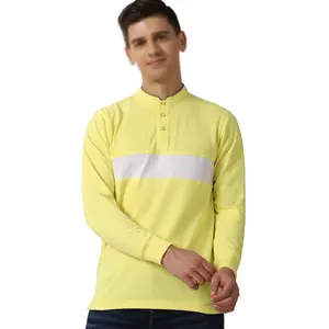 라운드 넥 탑 디자인 옐로우 컬러 차단 만다린 칼라 아플리케 캐주얼웨어 맞춤형 슬림핏 티셔츠
