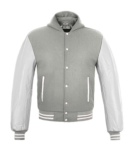 Chaqueta Varsity para Hombre, Gris, de Lana, con Mangas de Cuero Blanco, Botones, Parches Personalizables con Bordado, Unisex - Product Image 1