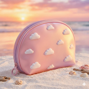 กระเป๋าเครื่องสำอางแบบด้านลายไล่สีแบบกำหนดเอง พิมพ์ลายนูน 3 มิติ รูปทรงเปลือกหอย ลายเมฆ กันน้ำ พร้อมหูหิ้วยาง - Product Image 2