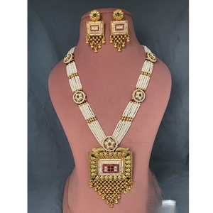 Designer Premium Quality Gold Plated Stones Look Pendent <b>Necklace</b> <b>Set</b> With Earrings <b>Wedding</b> Festival Wear Collection For Women - Product Image 1