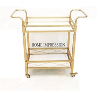 Cadre en métal plaqué or de haute qualité de designer antique avec plateau en marbre blanc Chariot de service à 2 niveaux avec roues au prix le plus bas