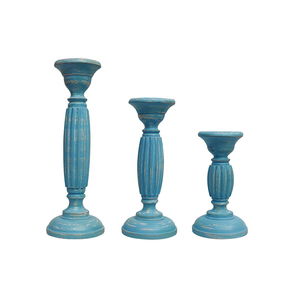 Candelabro de madera tallado a mano para el hogar y boda, Juego de 3 pilares, Color antiguo, blanco, azul, decorativo, de la India - Product Image 1
