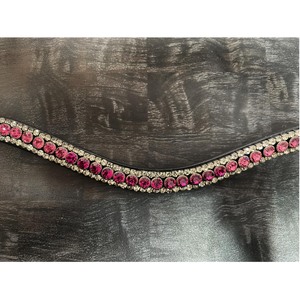 Bride de cheval en cuir noir avec bandeau ondulé en cristal rose fuchsia et transparent à double rangée, tendance - Product Image 1