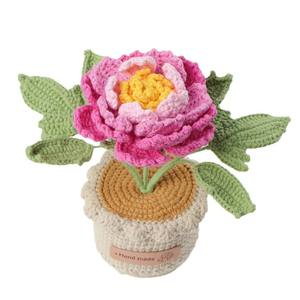 Crochet Cross-border Snow Peony Bonsai Hand-woven Styling Artificial Flower Pot Plant Home Office <b>Desk</b> Decoration - Product Image 5