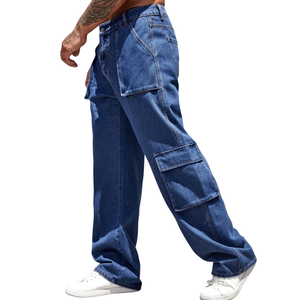Pantalones Cargo de Mezclilla Azul para Hombre, Corte Recto de Pierna Ancha, Multibolsillos, Algodón, Estilo Casual, Ropa de Trabajo, Estilo Relajado - Product Image 5