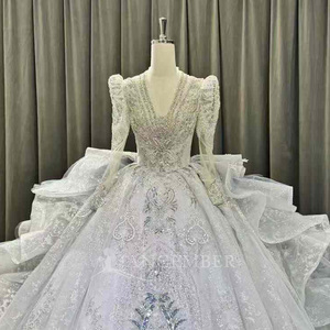 Robe de mariée OY011 bleu roi à col en V, volants, dentelle moderne, fleurs en cristal et traîne chapelle pour filles - Product Image 1