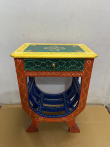 Handcrafted Rajasthani Hand-Painted Wooden U Shape Stool With Embose Work Nighstand Bedside - Product Image 6