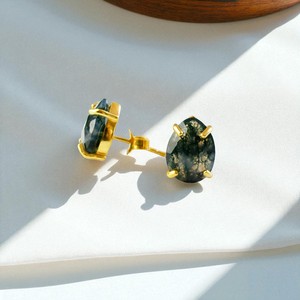 925 Silver Gold Plated <b>Teardrop</b> Faceted Moss Agate Gemstone Prong Set <b>Studs</b> <b>Earrings</b> Jewelry - Product Image 2