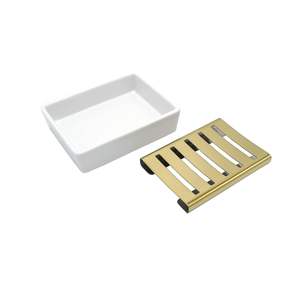 Jabonera de Cerámica con Soporte de Acero Inoxidable Dorado, Elegante Bandeja para Jabón de Baño - Product Image 4