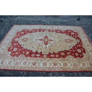 Alfombra de lana turca Vintage de 6,7x9,4 pies, área grande, tradicional, rojo, Beige, patrón de retazos, látex de 10mm para habitación de pasillo de adolescentes - Product Image 4