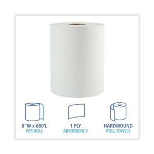 Boardwalk 8123 Disposable 1-Ply 8 In. X 600 Ft. Hardwound <b>Paper</b> Towels 2 In. Core-White (12/Carton) <b>Kitchen</b> Roll 2-in-1 - Product Image 2