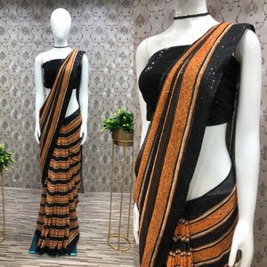 R & D Export Georgette Stof Fancy Wedding / Party Wear Indiase <span class=keywords><strong>Saree</strong></span>/Pailletten Werk Strip <span class=keywords><strong>Saree</strong></span>