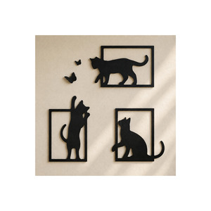 Moderinna Ensemble de 5 sculptures murales décoratives encadrées modernes en plastique imprimé en 3D, motif chat et papillon - Product Image 1