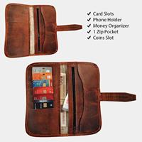 Dompet wanita kulit asli, dompet Organizer RFID buatan tangan dengan slot kartu, tempat ponsel, tali serut, gaya kasual