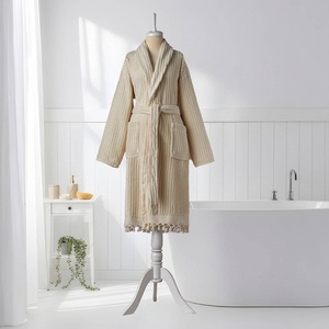 Peignoir turc à pompons, rayures naturelles, col châle, 100% coton - Product Image 6
