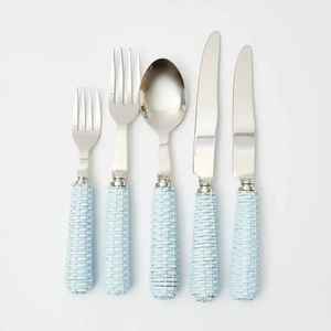 Juego de Cubiertos de Acero Inoxidable con Acabado Espejo y Mango de Ratán Azul, Juego de Vajilla para Cocina, Gran Venta - Product Image 1