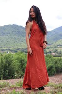 2022เดรสแม็กซี่ตัวยาวแบบลำลองสำหรับผู้หญิง, เดรสแขนกุดเปิดหลังย้อมสีแดงธรรมดาคอวียาวถึงพื้นสำหรับฤดูร้อน - Product Image 6