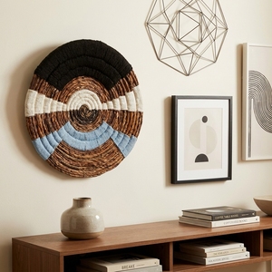 Panier mural en macramé en écorce de bananier naturelle, plateau rond géométrique arc-en-ciel bleu noir blanc, décoration artistique pure pour la mise en scène de la pièce, artisanat - Product Image 6
