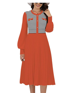 ชุดเดรสมิดิแขนยาวลำลองของผู้หญิงเสื้อสเวตเตอร์2025ลายทางมีกระดุมจีบเดรสถัก - Product Image 1