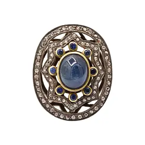 Vintage Star Design Natural Blue Star Sapphire With Diamond Silver Ring 925 Silver Designer Gemstone Ring Jewelry For Wholesale