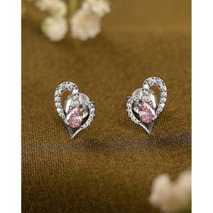NOVAMART Fine Silver Cuore Pink Heart <b>Stud</b> <b>Earrings</b> with Emerald Cut Diamond Zircon Pearl Cute Style for Wedding Engagement Anni - Product Image 2