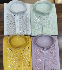 Festival de créateurs de qualité supérieure porter les dernières tendances exclusives en soie pure avec miroir travail hommes Kurta fabricant de Surat - Product Image 5